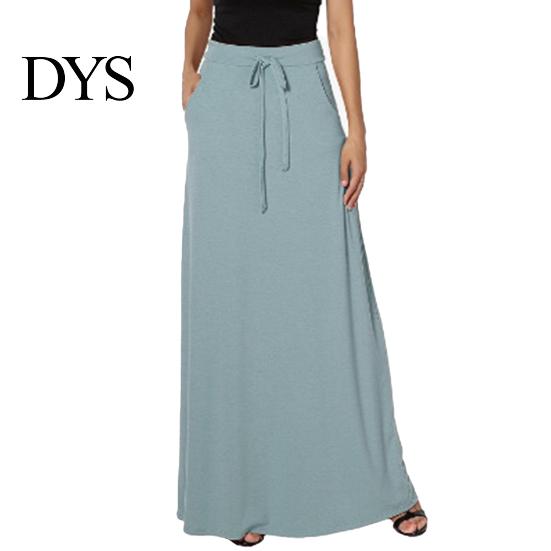Long Skirt Women Maxi Adjustable Drawstring High-Waisted Solid Color Casual with Pockets Work