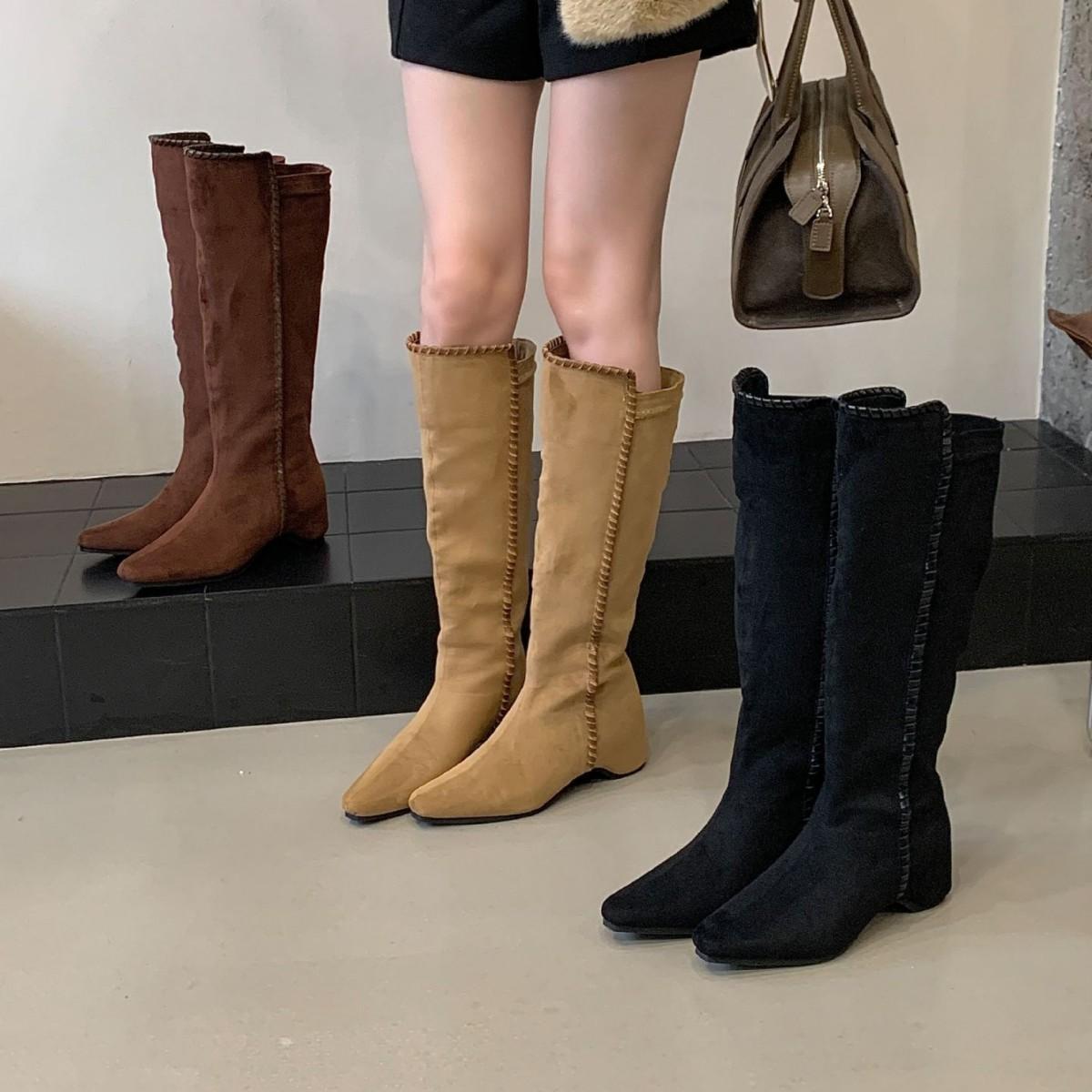 

2025 autumn and winter new round head tall tube suede inner thickened heel thin Martin fashion woven female knight boots 39 хаки