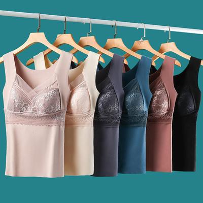 Winter Lace Velvet Warm Vest for Women Embroidery Fixed One-piece Cup Slim Bottom Thick Warm Underwear for Women