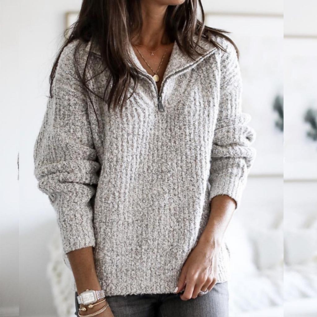 Moda Zimowa Kobiety Jesień Casualowy Jednolity Kolor Zamek Dekolt V Pulower Top Długi Rękaw Sweter Ciepły Płaszcz Swetry Casualowy Paskowany Sweter Dzianinowy Topy