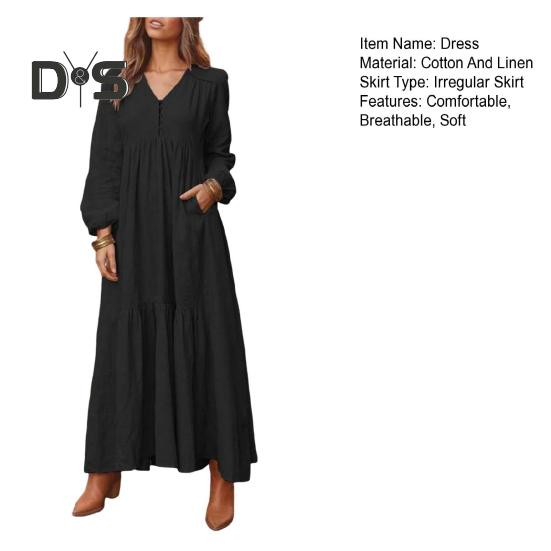 Kvinners uformelle maxikjole V-hals Løs A-linje plissert kjole Langermet retro bomull linkjole for jobb gateferie