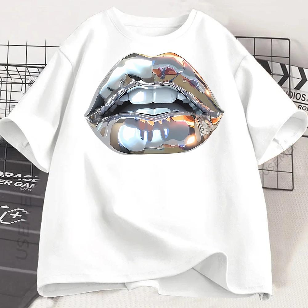 Unisex Summer Short Sleeve Tshirts Fashion Red Lips Finger Print Ladies Tshirts Top Cartoon Unisexs Graphic Tees Tshirts