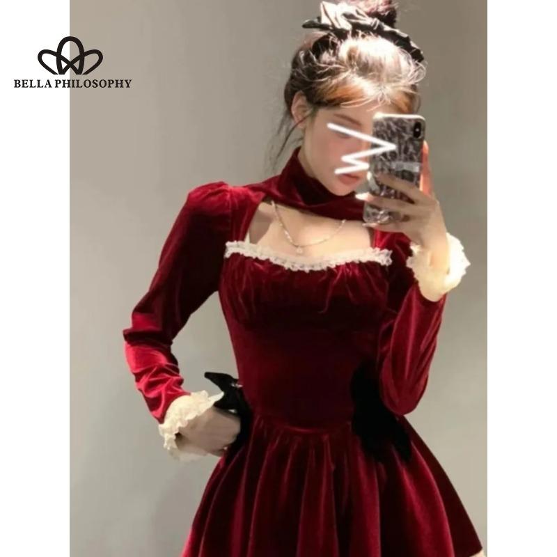 Winter New Red Neck Hanging Dress Christmas Style French Style Lace Bowknot Pleated Velvet Short Dress
