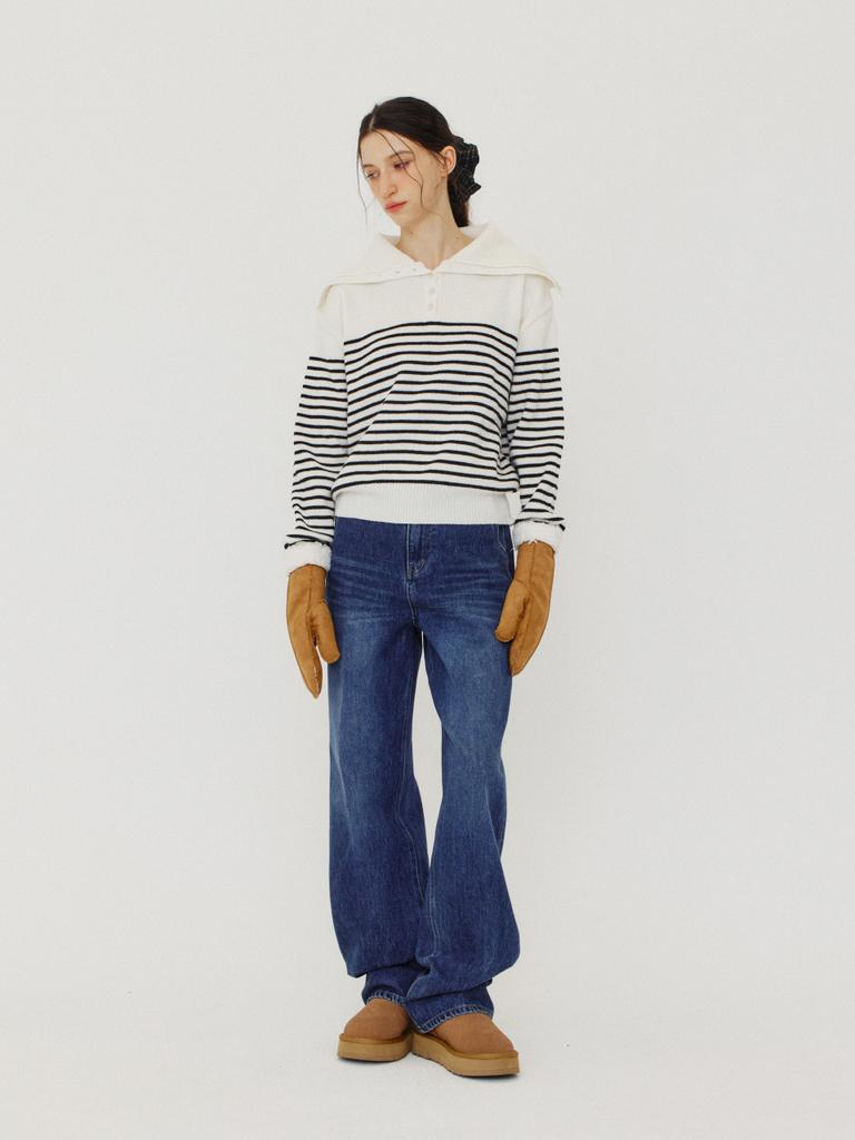 Leusejiem Semi-Wide Washed Denim Pants - Deep Blue