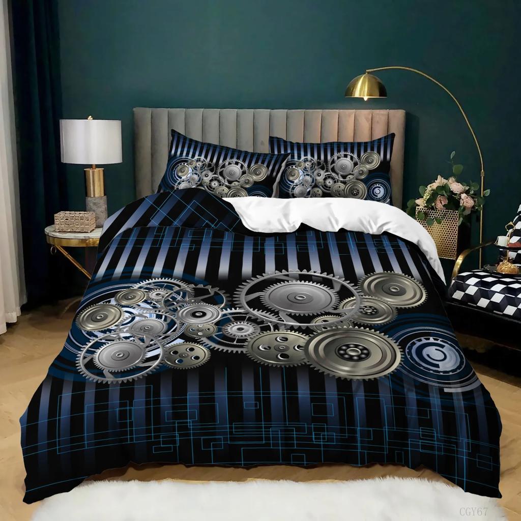 Industrial Gear Bedding Steampunk Style Duvet Cover King Queen Metal Mechanical Device Polyester Quilt Cover for Teens Men Black