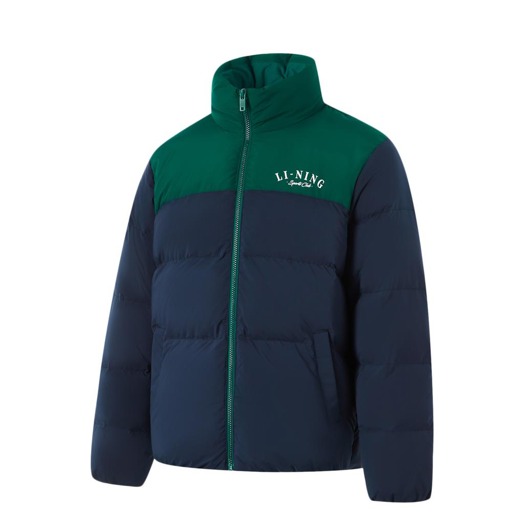 Li Ning Color Block Letter Stand Collar Short Zipper Long Sleeve Down Jacket Men outerwear Deep-Navy-Blue Lush-Green AYMU119-8