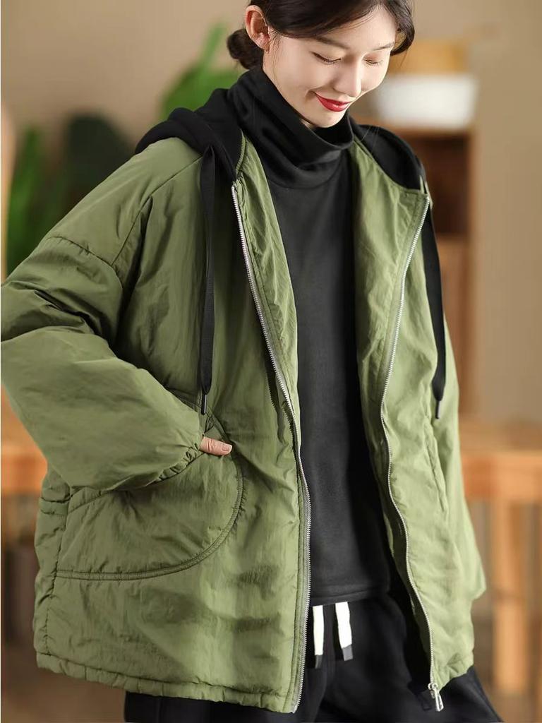Johnature Women Vintage Winter Hooded Zipper Solid Color Coats Long Sleeve Pockets Female Casual Coats