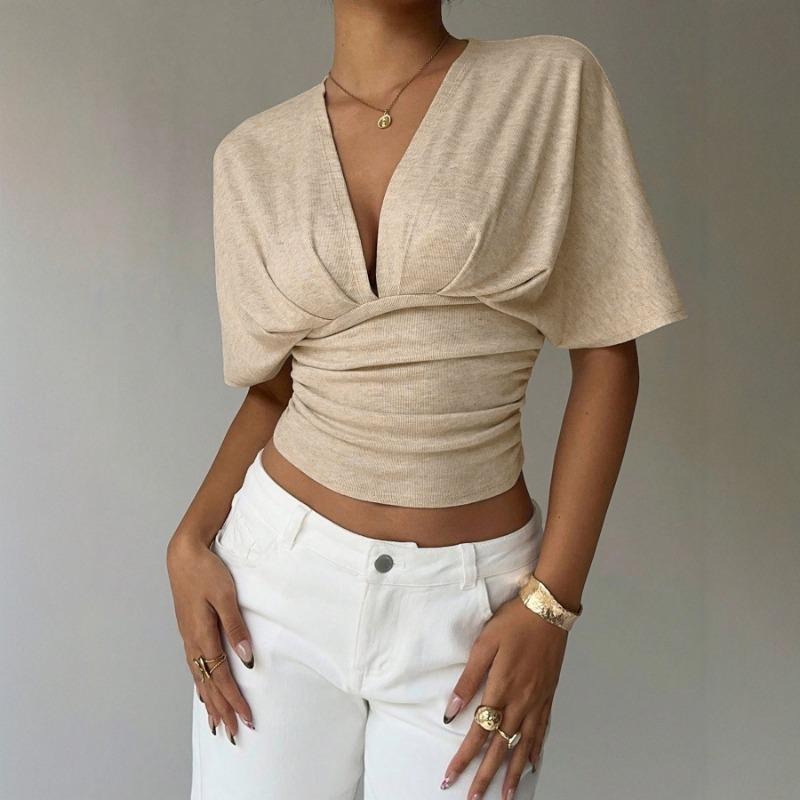 

Women Wrap V Neck Crop Top Batwing Short Sleeve Ruched Casual Blouse S