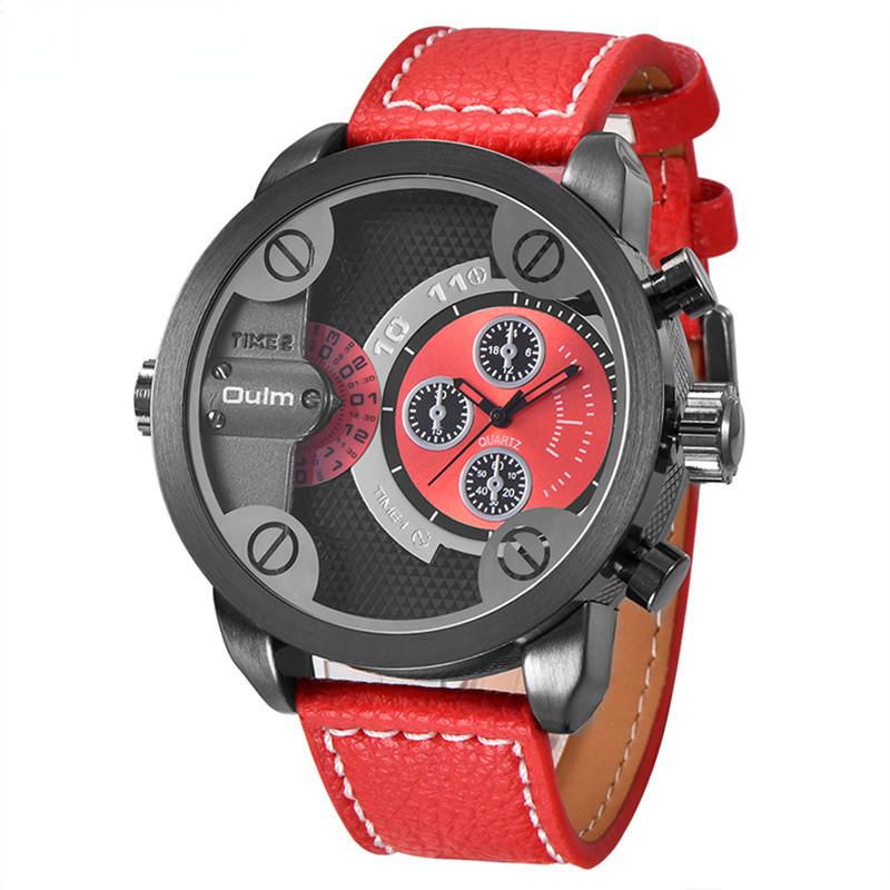 

Мужские часы с кожаным ремешком, кварцевым механизмом и двумя часовыми поясами