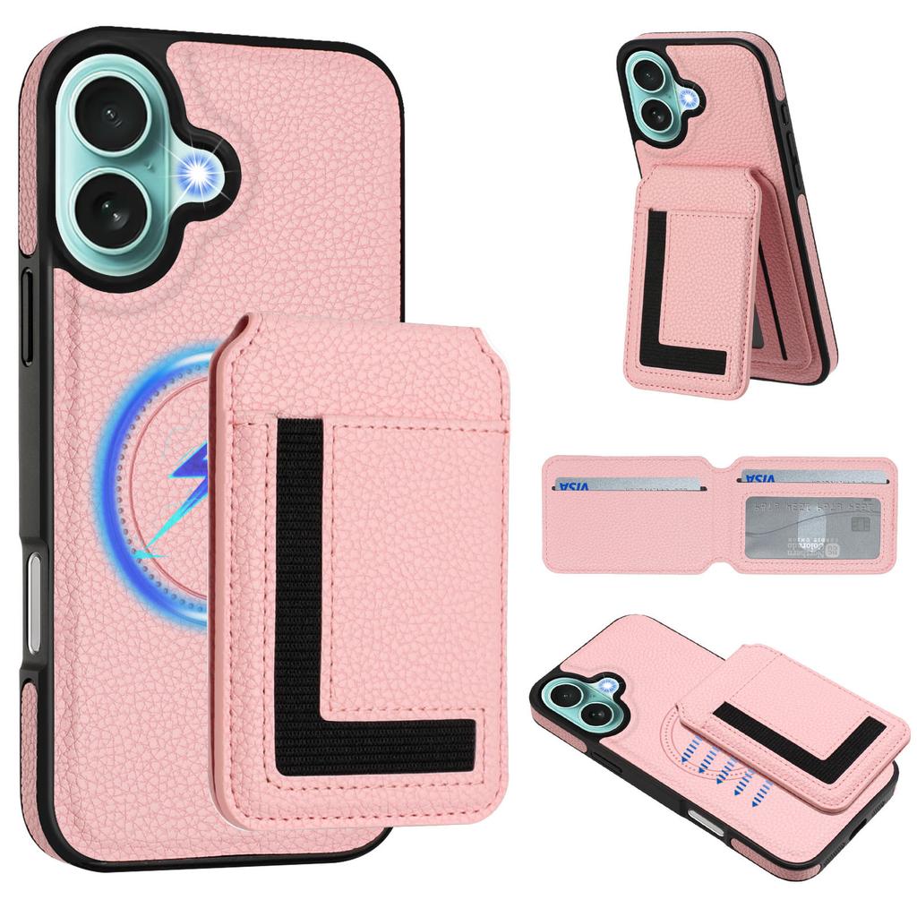 Applicable to iPhone16 mobile phone case, Samsung S25 lychee pattern wireless charging magnetic card bag bracket multi-function anti-drop