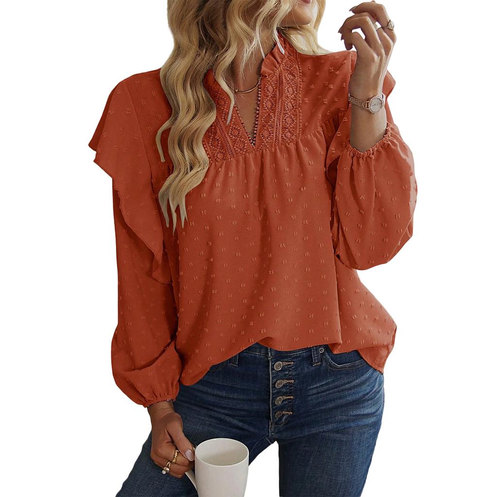 Women's V,Neck Lace Patchwork Blouse With Ruffled Sleeves