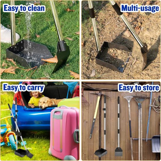 Dog Pooper Scooper,Tray and Spade Set Poop Scooper for Dogs, Adjustable Long Handle Metal Pooper Scooper with Bin for Pet Waste Removal, No Bending