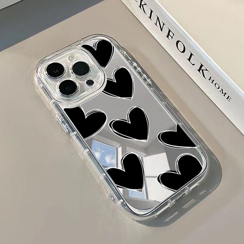 Black Heart Phone Case For iPhone 17 16 15 14 13 12 11 Pro Max 16e 17e XR X XS Max 7 8 Plus Make Up Mirror Shockproof Soft Cover