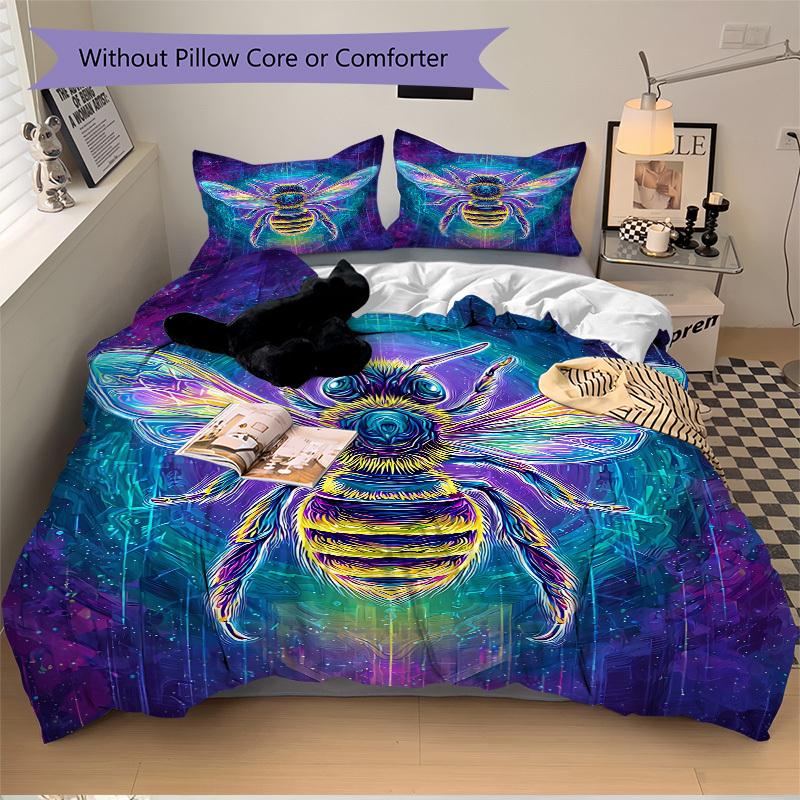 3pcs Neon Bee Print Duvet Cover Set, Cover For Bedroom Guest Room (1 Duvet Cover + 2 Pillowcase, Without Quilt),  yy250922152
