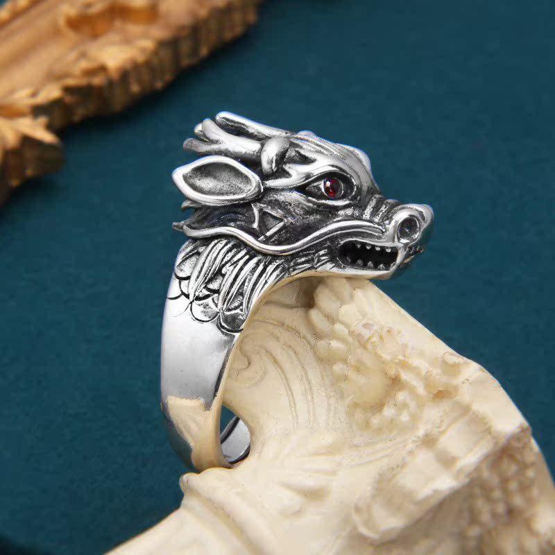 Adjustable Red-Eye Dragon Head Ring Men Women Vintage Style Brass Jewelry Lucky Charm