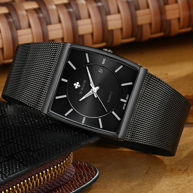 WWOOR Top Brand Men's Watches Business Luxury Square Men Quartz Clock Waterproof Date Stainless Steel Ultrathin Watch For Men