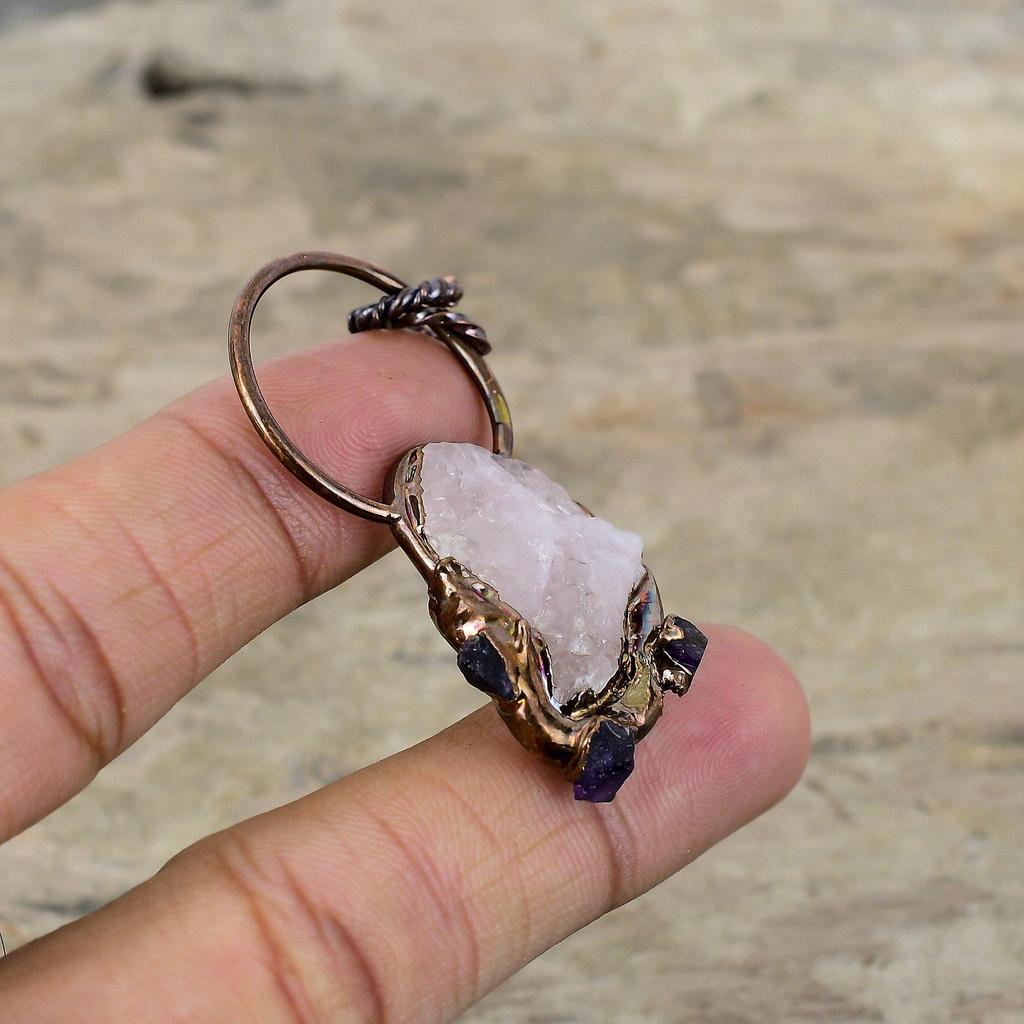 Rose Quartz Rough Pendant African Amethyst Rough Gemstone Pendant Electroformed Copper Pendant Handmade Electroformed Jewelry Wedding Gift
