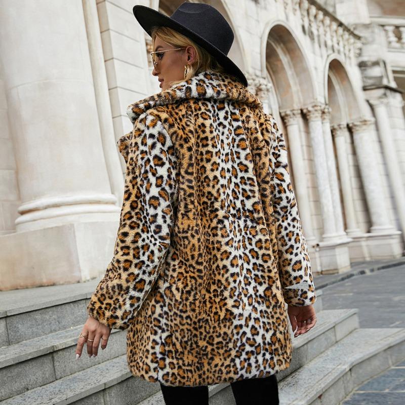 5 langer Leopardendruck Anzugkragen Kunstpelzmantel Damen Freizeitmantel Herbst und Winter Neu