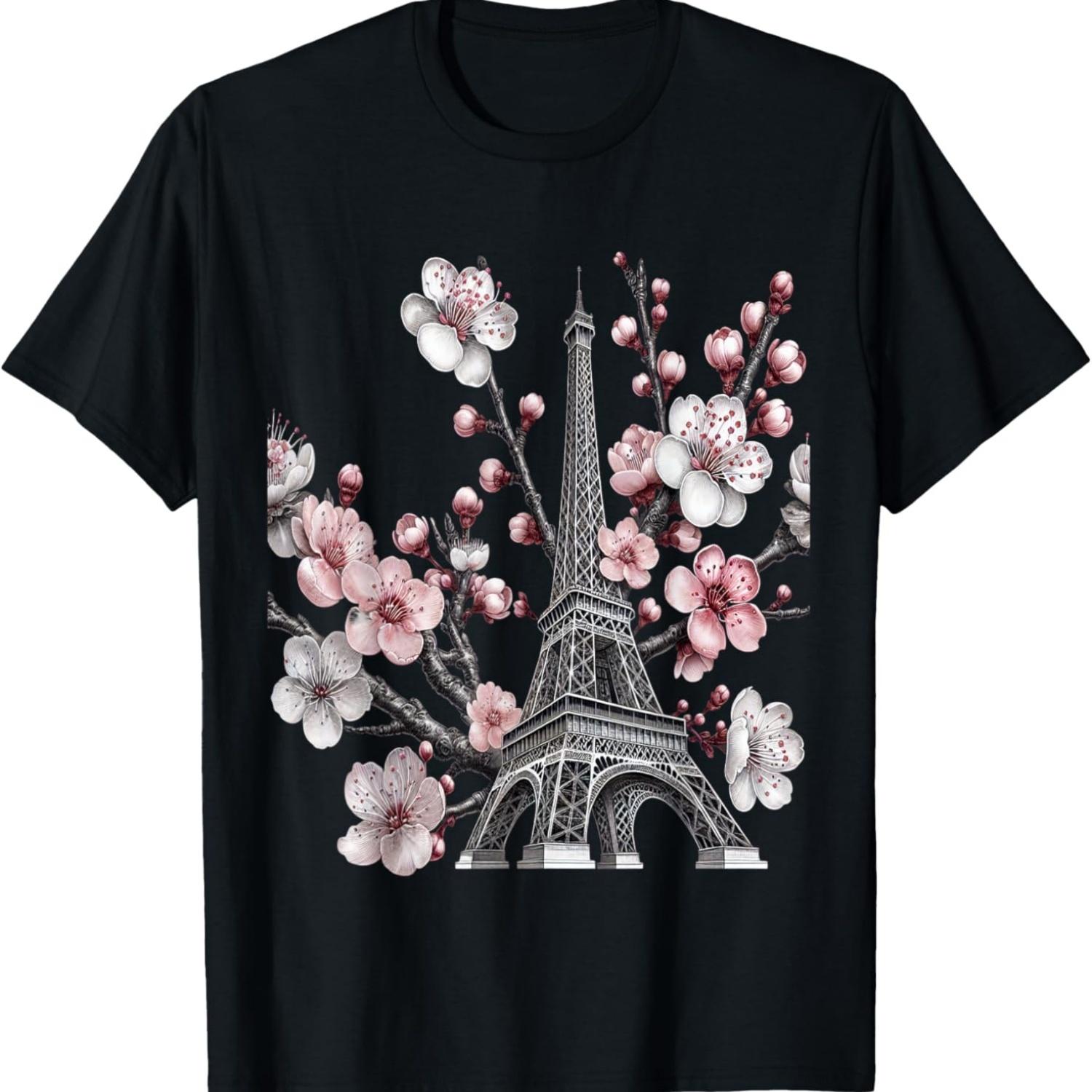 Eiffel Tower Cherry Blossom Paris T-Shirt S чёрный