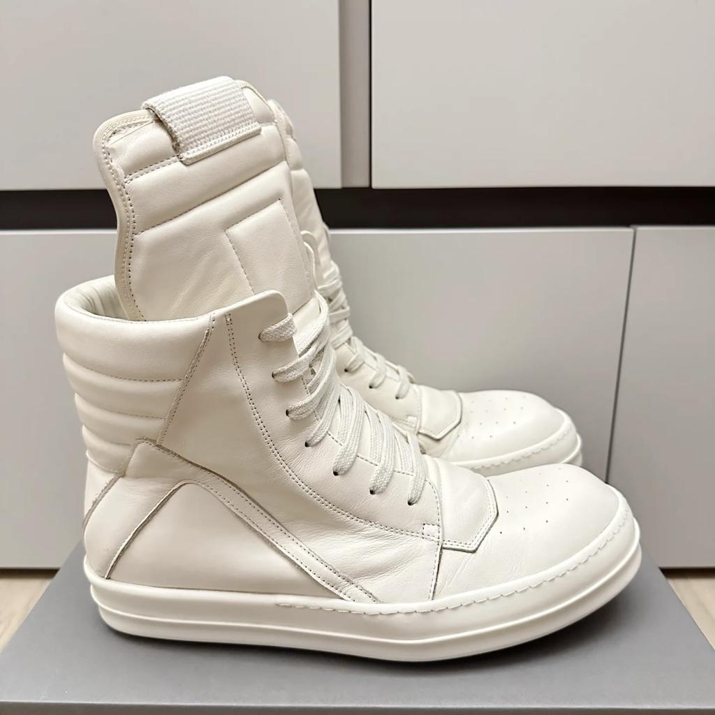 High Top White Ankle Boot Geobasket Leather Casual Sneaker for Men and Women Zipper Lace-Up Flat Thick-Sole Shoe