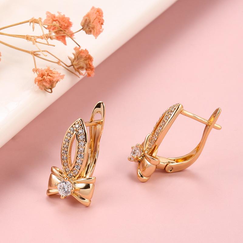 Elegant Bow Zircon Earrings: Copper-Plated, Real Gold for Women, European & American Fashion
