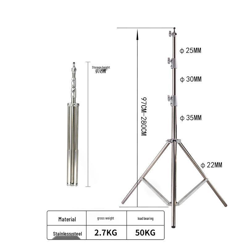 2.8m Stainless Steel Tripod with Weighted Base and Spring Buffer for Photography and Live Streaming, Includes 2.1m Fill Light Stand