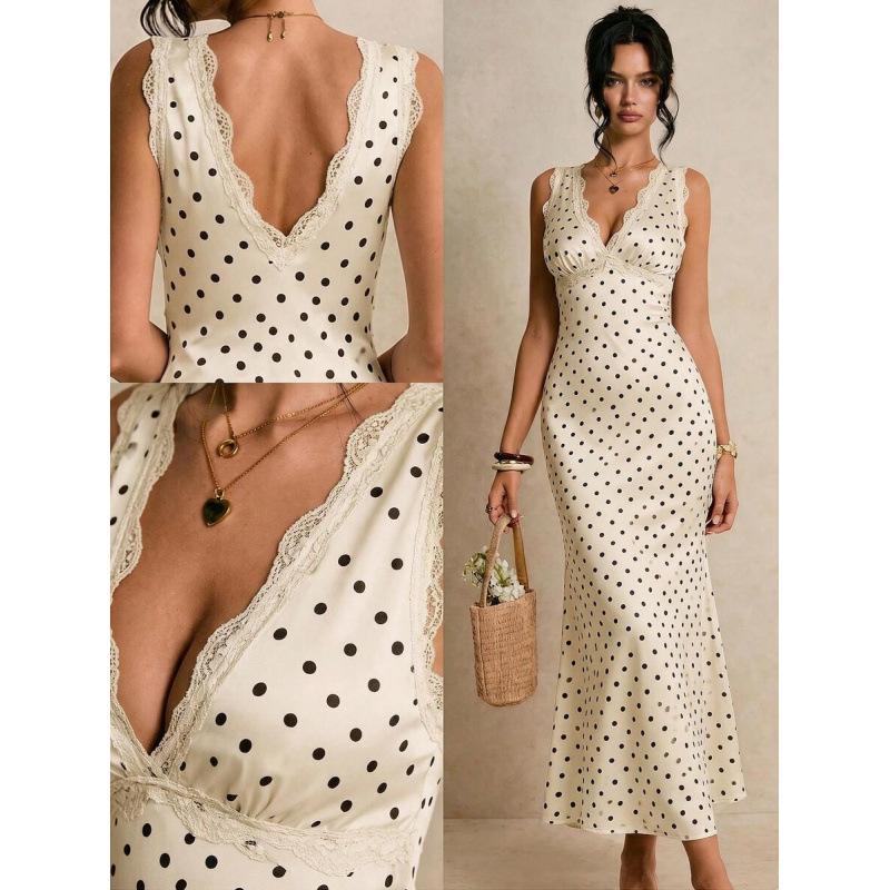Europe, America 2026 summer new fashion temperament lace splicing pure desire V-neck polka dot dress XXS абрикосовый