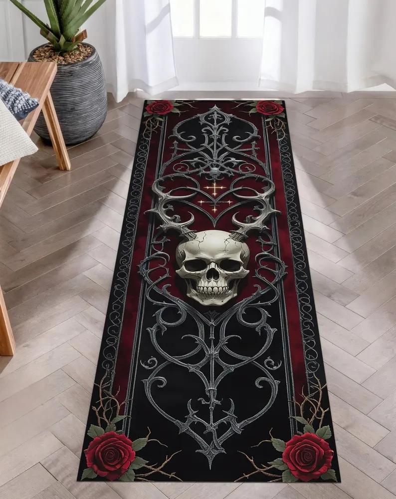 

Gothic Skull Runner Rug, Dark Horror-Themed Long Hallway Carpet, Black Aesthetic Skeleton Skull Floor Mat for Bedroom or Studio 40cm x 120cm