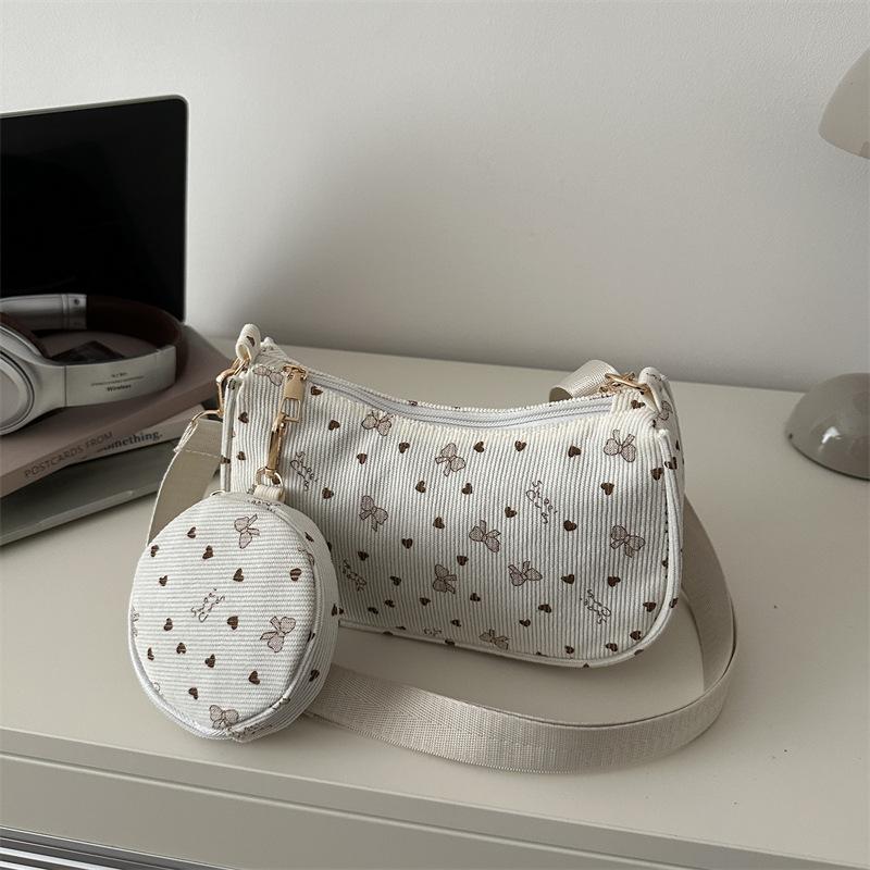 Polka Dot Bow Corduroy Shoulder Underarm Bags for Women Lightweight Portable Ladies Crossbody Bag Outdoor Handbag Coin Purse