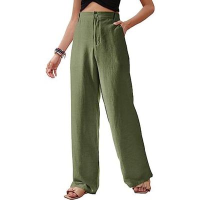 Women's Linen Pants High Waisted Pants Straight Leg Wide Leg Flowing Pants Casual Button Up Summer Beach Pants