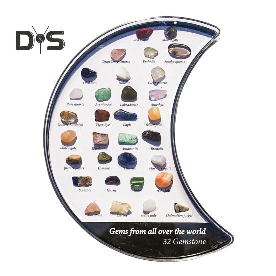 

Коробка из натурального камня в форме луны, 32 различных набора из искусственных драгоценных камней, обучающий детский минеральный камень, обучающий дисплей, акриловый футляр, подарок для коллекционера камней Moon