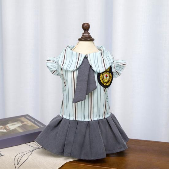 Pet Preppy Dress Shirt Summer Puppy Fly Sleeves Embroidered Badge Tie Striped Dress Top Breathable Pet Costume Outfit Apparel for Small Dogs Cats