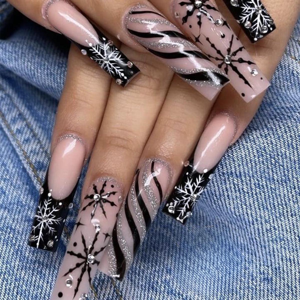 Cross-Border Christmas Style Press-On Nails: French Tips, Rhinestones, Snowflakes, Stripes - 24 Piece Set Glue