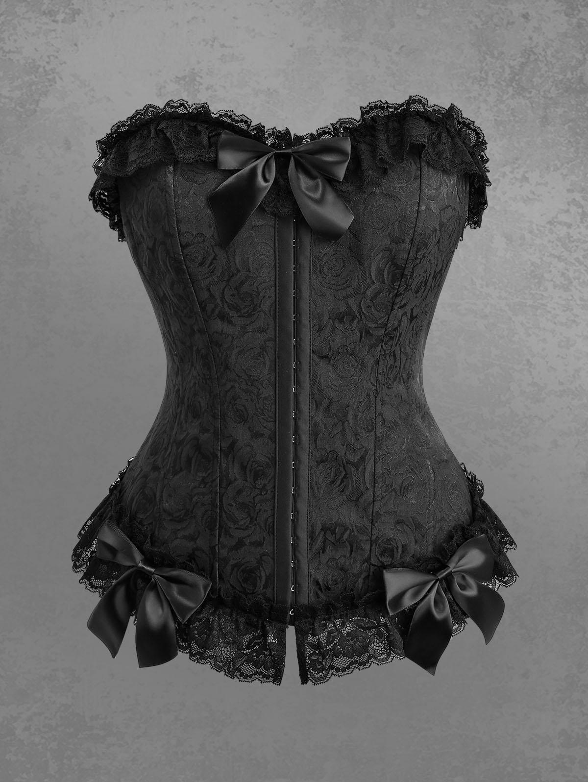 

Rosegal Большой размер Роза Жаккард Кружевная отделка Бант Люверсы Шнуровка Корсет 2XL