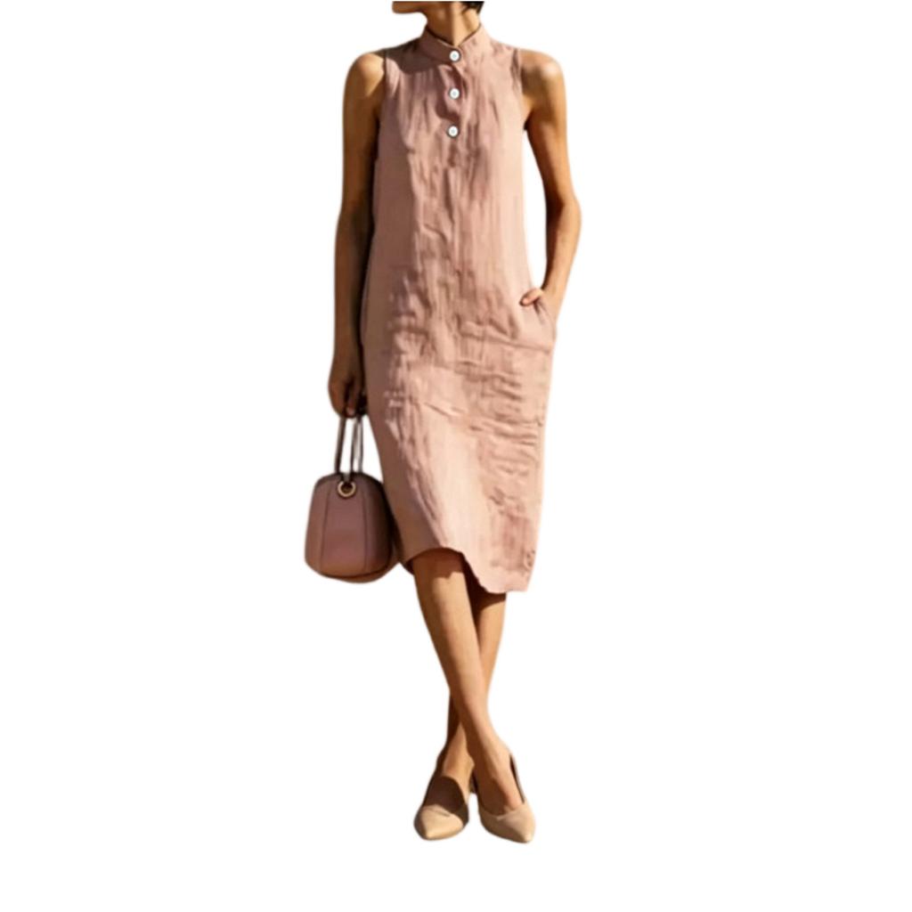Sleeveless Loose Fit Summer Dress Midi Length Button Front Stand Collar Casual Lightweight Dress for Women