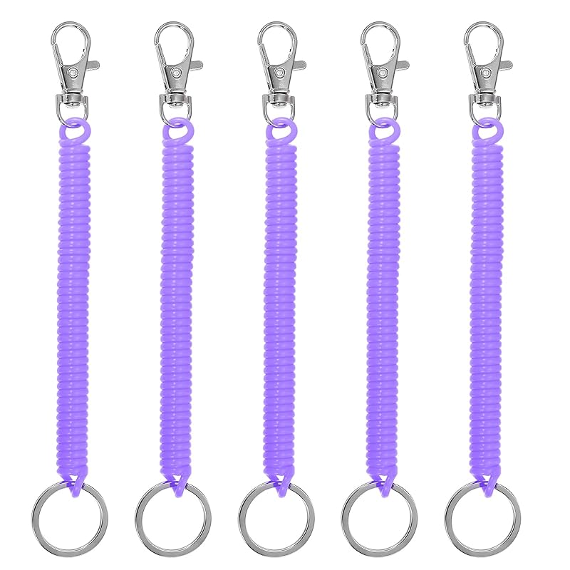

[PATIKIL] retractor blue coil spring key chain 5 pieces metal lobster crab With spooky ring 17.5cm key for wallet light purple