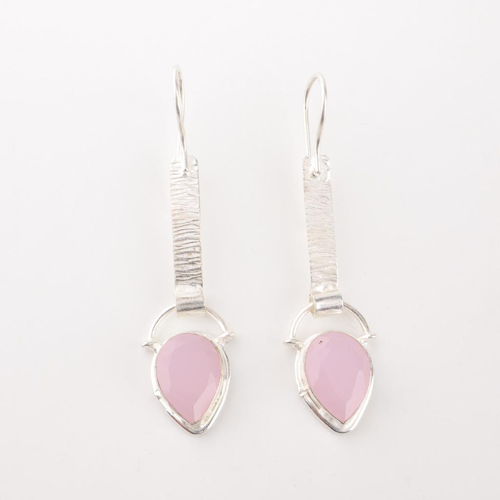 Różowy Chalcedon Kamień Szlachetny Srebro Próby 925 Biżuteria Ręcznie Robione Wiszące Kolczyki 2,3" EE-166-15