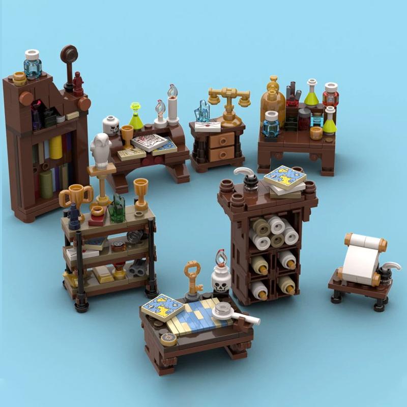 MOC Medieval Street View Scene Building Blocks Castle Bedroom Crossbow Siege Hammer Bulletin Board Sign Laboratory Bricks Gifts