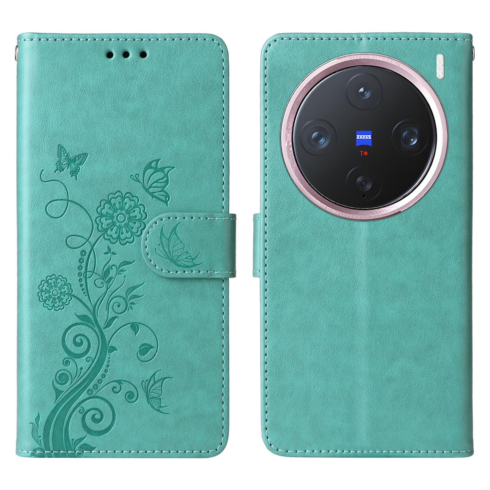 

Для vivo X200 Pro mini 5G Кожаный чехол Бабочка Цветочный оттиск Кошелек Подставка Чехол Green