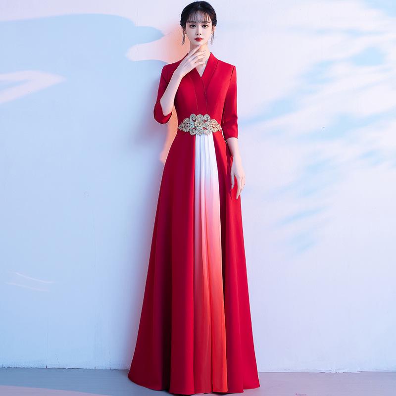 Women's Long Red Choir Performance Dress for Stage, Hosting, and Poetry Recitation Competitions - New Style Atmospheric Costume