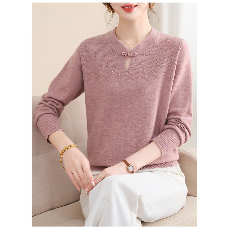 Pull uni tendance polyvalent Haut tricoté à manches longues style chinois