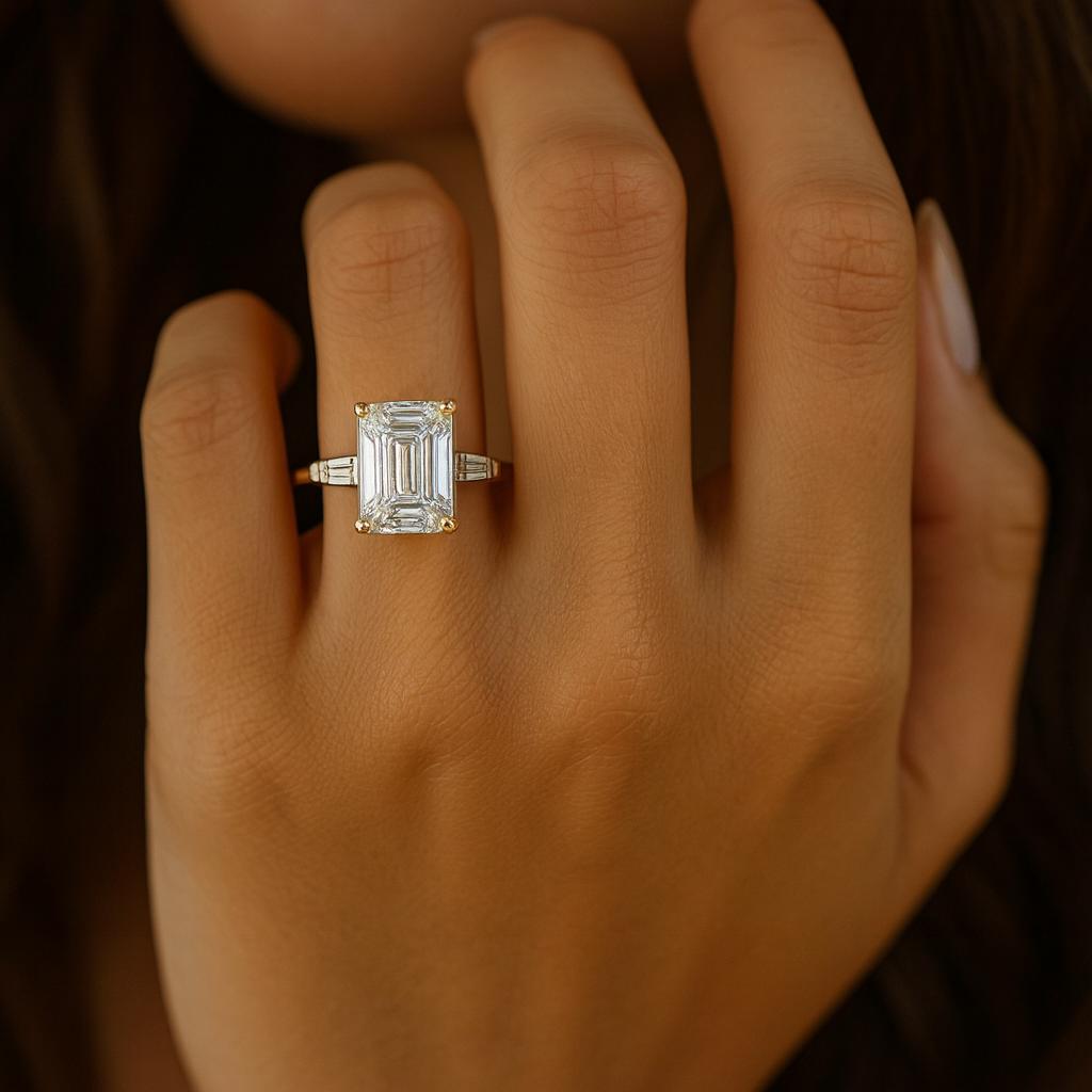 Smaragdschliff Moissanit Ring, Baguetteschliff Verlobungsring, Gelbgoldplattiertes Silber, Krappenfassung Jubiläumsgeschenk für sie