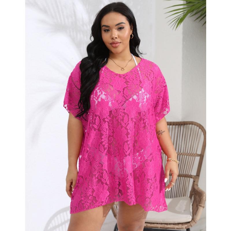 Robe de plage en dentelle pour femmes, grande taille, Sexy, ajouré, transparente, col en v, fendue, Cover-Up pour les maillots de bain