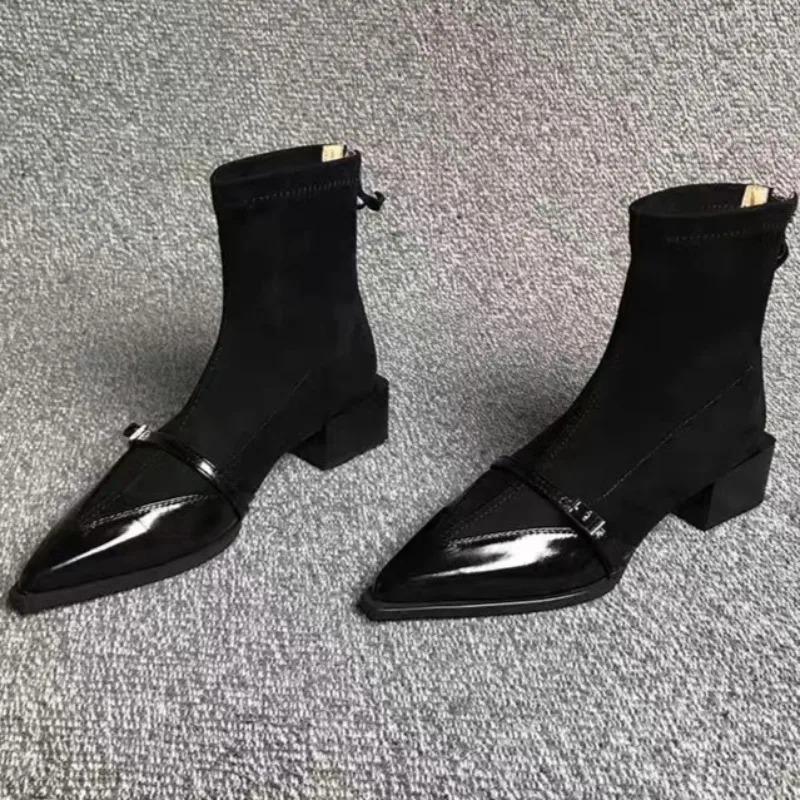 Autumn Women's Versatile Fashion Pointed Thick Heel Niche Design Suede Short Boots  2026  New Splicing Short Boots Plus Size