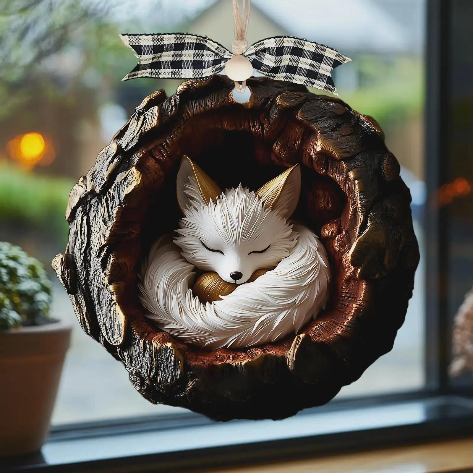 

2D Acrylic Animal Christmas Ornament Sleeping Fox in Tree Hollow Design Christmas Tree Hanging Decoration with Ribbon Loop for Holiday Use