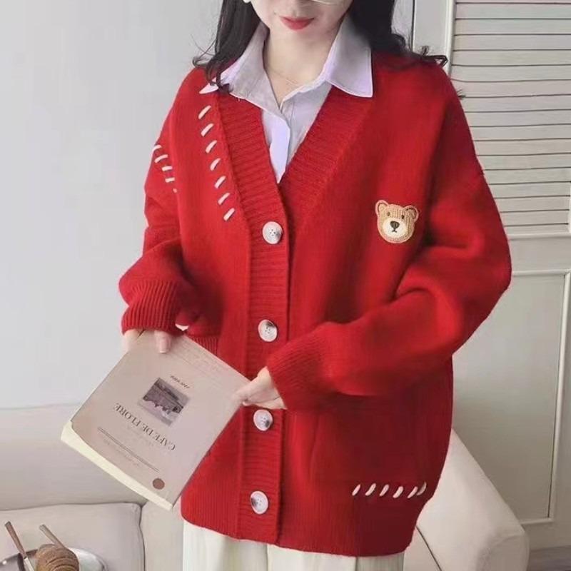 Cute bear sweater cardigan women's new coat spring and autumn loose lazy wind knitted top