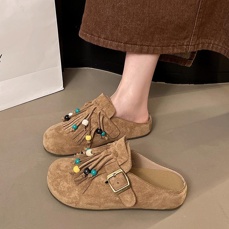 Baotou slippers new platform beaded 2025 autumn retro Boken shoes half a pack of cool slippers outer slippers