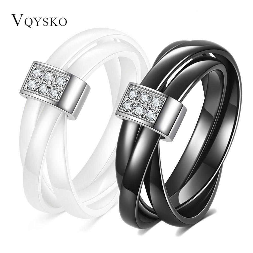 8MM Double Row Diamond-set Black and White Ceramic Three-ring Cross-diamond-set Ring for Couples