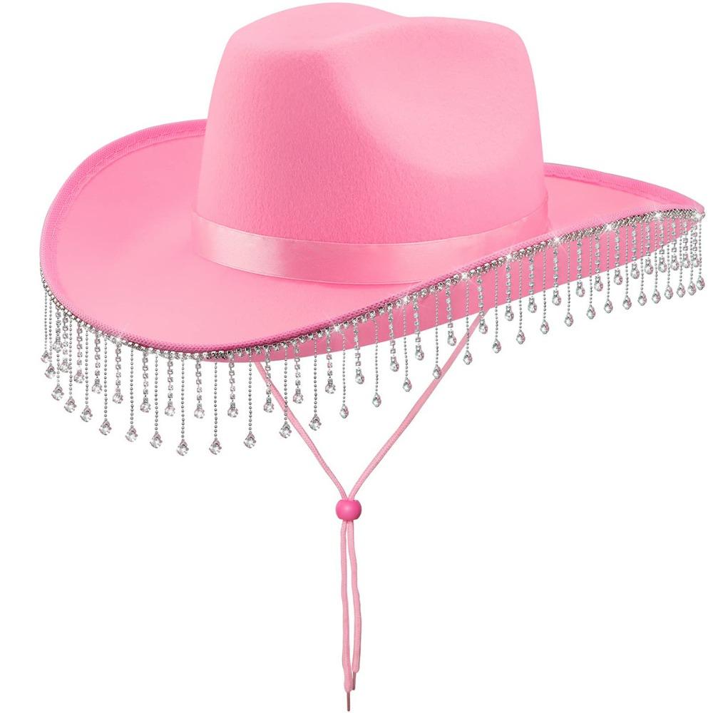 

Fashion Shiny Western Cowboy Hat Wide Brim Glitter Cowgirl Hat Ethnic Style Punk Rhinestone Tassels Jazz Hat Ladies XS（old） розовый