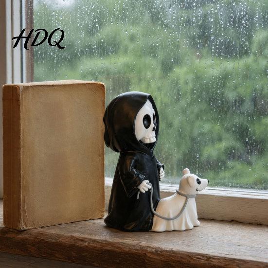 Wear-resistant Resin Sculpture Grim Reaper & Ghostly Puppy Figurine Black Robed Skeleton
